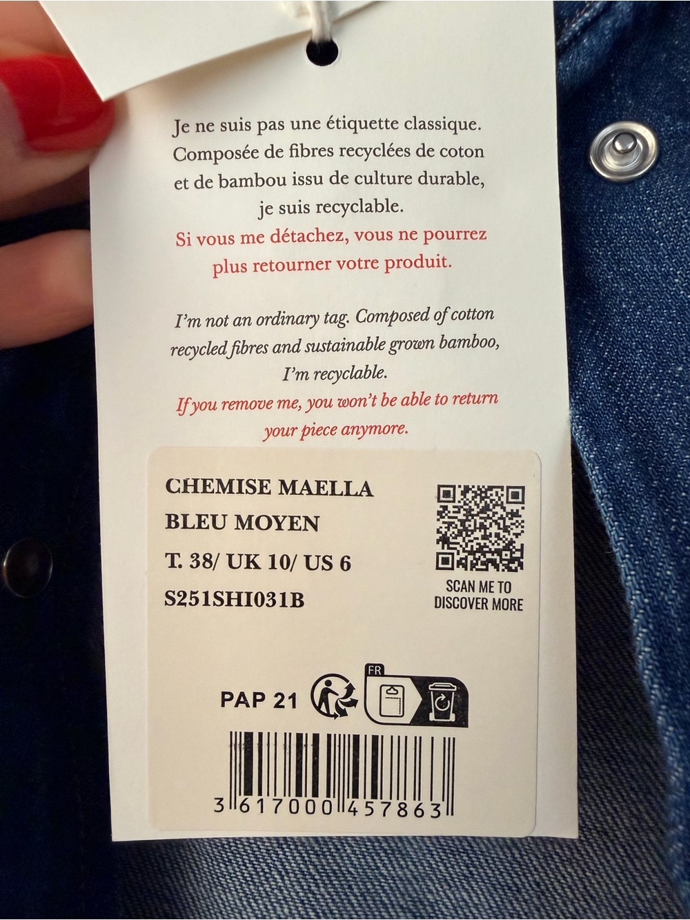 Sezane Indigo Denim Button-Front Shirt - Picture 4 of 4